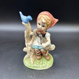 Vintage Ceramic Girl Sitting w/ Blue Bird Figurine Home Decor Accent Taiwan VTG